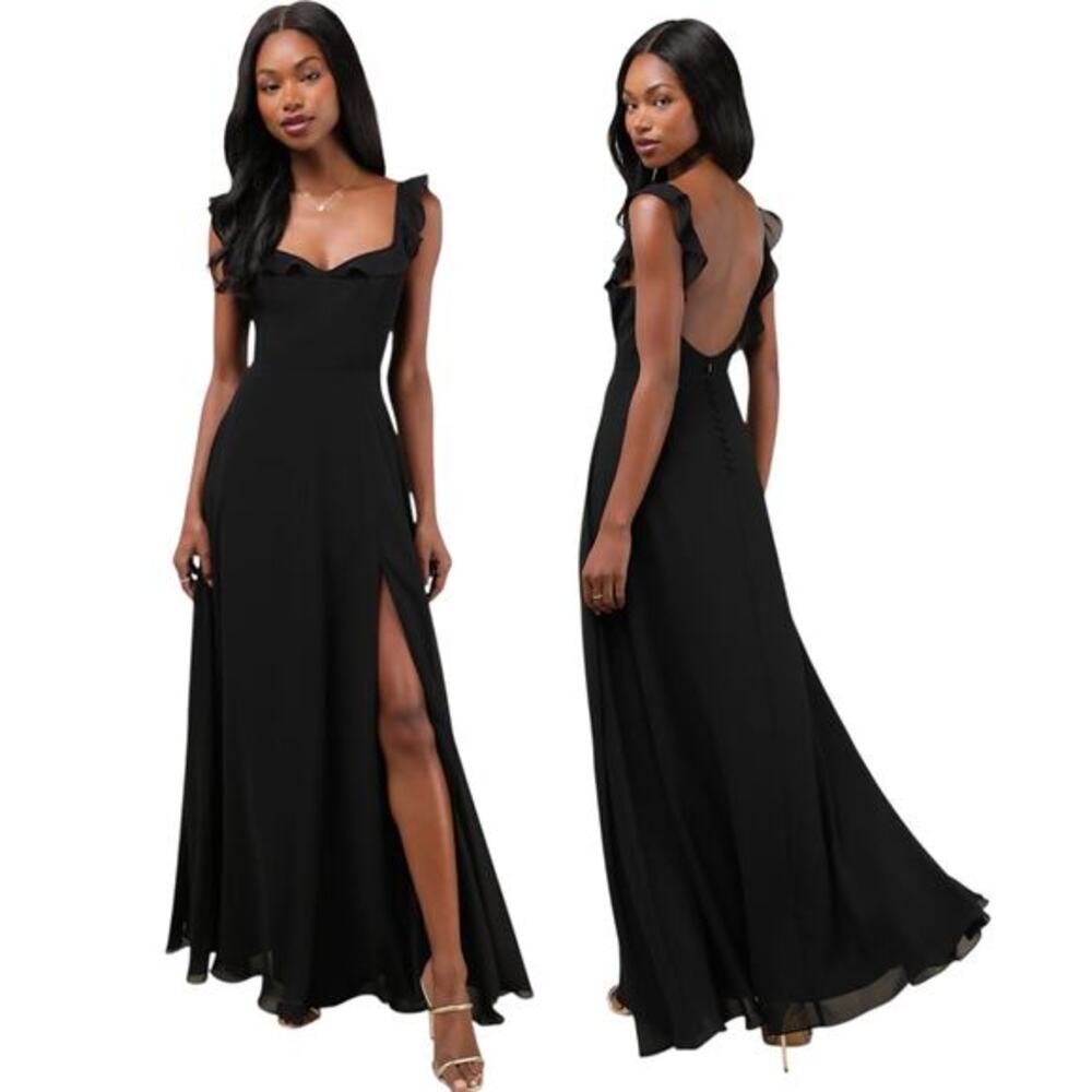 Lulus Dreamy Admiration Black Ruffled Maxi Dress size Medium NWT